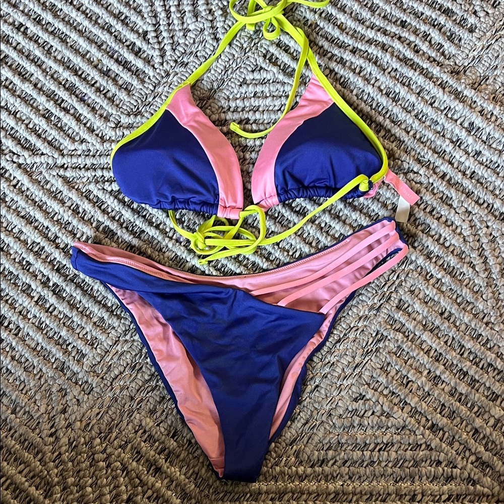 Victoria's Secret Navy, Pink & Neon Yellow Triangle Bikini